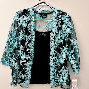 Alex Evenings Embroidered Floral Lace turquoise top with black under top. NWT
